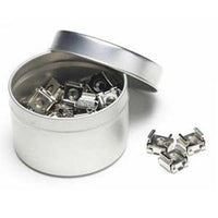 White metal container with silver lid holding 50-pack of 10-32 cage nuts for server rack hardware