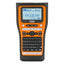 P-touch edge handheld industrial label printer with orange and black design, QWERTY keyboard, and LCD display screen