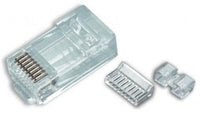 Platinum Tools Cat6 modular connectors for round solid cable showing clear plastic jars with 100 connectors and two assemble…