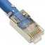 Platinum Tools RJ45 Cat6A 10Gig shielded connector with blue cable attached, showing gold-plated contacts