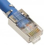 Platinum Tools RJ45 Cat6A 10Gig shielded connector with blue cable attached and gold-plated contacts
