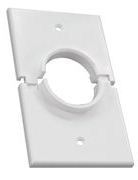 White single gang wall plate with circular cable pass-through opening for low voltage structured cabling installation