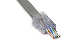 Platinum Tools ezEX 48 CAT6A RJ45 connector with gray cable attached, showing transparent connector body with color-coded wi…