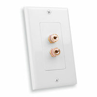 White wall plate with two gold binding posts for speaker or audio connections in structured cabling installations