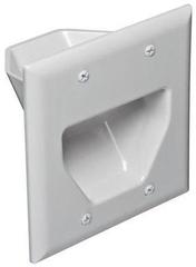 White 2-gang recessed low voltage cable plate with brush opening for structured cabling management