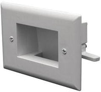 White low voltage cable wall plate with rectangular opening and mounting screws for structured cabling installation