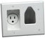 White dual-gang wall plate with recessed power outlet and low voltage pass-through opening for structured cabling