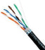 Direct burial outdoor rated shielded Cat5e cable with multicolored twisted pairs exposed, showing black protective jacket