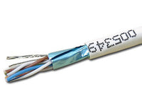 Wavenet Cat6e shielded network cable spool showing blue and white twisted pair wires with white jacket labeled 550MHz