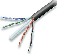 Cat 6e network cable with black outer jacket showing unshielded twisted pair conductors in blue, green, red, and black colors