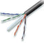 Cat 6e network cable with black outer jacket showing unshielded twisted pair conductors in blue, green, red, and black colors