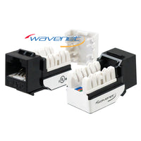 Wavenet Cat 6 Keystone Jack in black and white, showing RJ45 connector and internal wiring configuration for network cabling