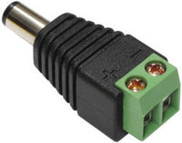 Male DC plug to terminal block connector with black plastic housing and green screw terminal block