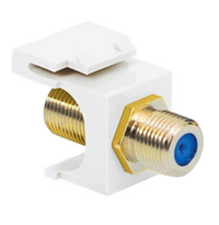 Gold plated F connector keystone jack with white housing and blue center pin for network cabling