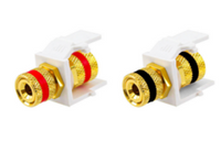 Gold-plated speaker binding post module with white and black color variants, showing red and yellow accent bands