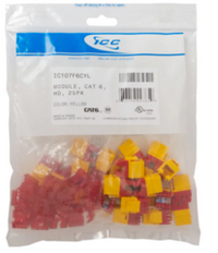 25-pack of yellow ICC HD Cat 6 modular keystone jacks in clear plastic packaging with product labeling
