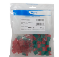 ICC HD Cat 6 modular keystone jack 25-pack showing red and green connectors in sealed packaging