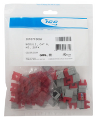 25-pack of ICC HD Cat 6 modular keystone jacks in gray, displayed in retail packaging with individual components visible