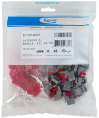 25-pack of gray ICC EZ Cat 6 modular keystone jacks in retail packaging with product labeling and barcode