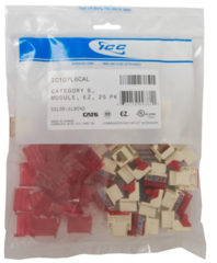 25-pack of ICC EZ Cat 6 modular keystone jacks in almond color with packaging and contents displayed