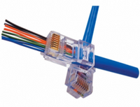 Platinum Tools EZ-RJ45 Cat5e connectors with colorful network cable strands and blue insertion tool displayed