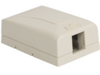 Ivory 1-port Elite surface mount box for network cabling, showing front slot opening and compact rectangular design