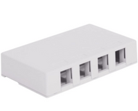 White ICC 4-port elite surface mount box with four RJ45 ethernet connectors for network cabling installations
