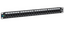 24-port Category 6A patch panel with black metal housing and cable management rail for network infrastructure installation