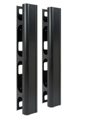 Pair of black vertical metal channels for 7-foot server racks with mounting holes for side or center installation
