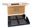 Black vented double-sided rack shelf 20 inches deep with cable management slots, shown in open cardboard shipping box