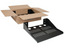 2-pack of 17-inch deep black wall mount shelves for network rack cable management, shown in open cardboard box with product …