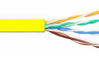 Yellow Cat5e network cable with exposed twisted pair wires in blue, green, orange, and brown colors