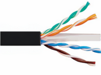 Cat6e network cable with multicolored twisted pairs exposed, showing black jacket and individual color-coded conductors for …