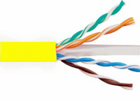 Cat6e network cable 1000ft spool with yellow jacket showing twisted copper pairs in blue, orange, green, and brown