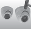 Two gray mini vandal-resistant dome security cameras with infrared night vision and weatherproof housing, shown from front a…