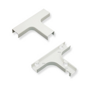 Two white 1-1/4 inch raceway tees for cable management, shown in isometric view from different angles