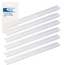 Six clear plastic 110 wiring label holders arranged in a row for cable identification on structured cabling blocks
