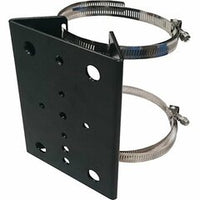 Black steel pole mount bracket with two stainless steel hose clamps for securing SiteWatch illuminators to poles