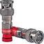 Belden Universal Compression BNC Connector for RG59 cable with red and silver metallic housing and threaded coupling nut