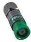 Belden RG6 compression F connector with green band and plenum rating label, isolated on gray background