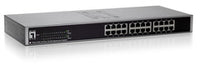 LevelOne 24-port fast ethernet switch with 10/100Mbps connectivity in black rack-mount chassis