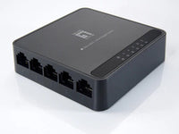 GEU-0522 5-port gigabit switch with black casing and four network ports visible on front panel