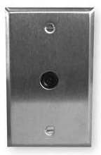 Stainless steel electrical outlet plate with covert camera lens opening for discreet surveillance installation