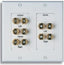 White 2-gang speaker wall plate with 5.0 surround sound connectors for front, center, and rear speakers