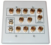Vanco 6.2 surround sound 2-gang speaker wall plate with five gold-plated binding post connectors arranged in white faceplate