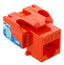 Orange Cat5e EZ modular keystone jack with blue labeling and snap-in connector design
