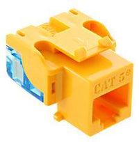 Yellow Cat5e EZ modular keystone jack with blue insert, designed for structured cabling network installations