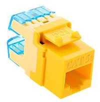 Yellow Cat5e high-density modular keystone jack with blue cable management clips for network cabling installations