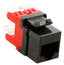 ICC HD Cat 6 Modular Keystone Jack in black and red, compatible with standard keystone wall plates and patch panels