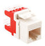 White Cat 6 modular keystone jack with red latch clip for network cabling installation